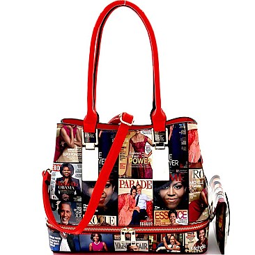 Magazine Print Zipper Accent 2 in 1 Tote Value SET MH-MB5007S