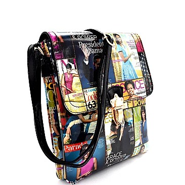 Push-Lock Accent Magazine Print 3-Compartment Cross Body  OA2592-LP