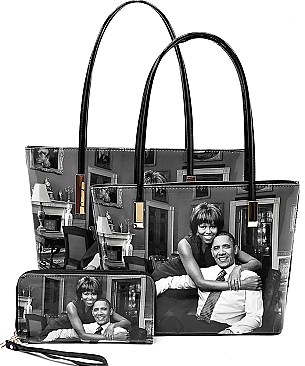 Magazine Print 3 in 1 Patent Twin Tote Wallet SET